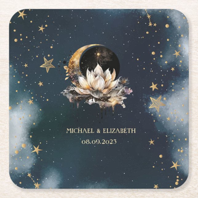 Porta-copo De Papel Quadrado Ouro Celestial Sol, Lua, Estrelas Lótus Céu Noturn (Frente)