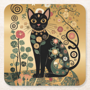 Porta-copo De Papel Quadrado Ouro Decorativo Gustav Klimt Estilo preto de Gato