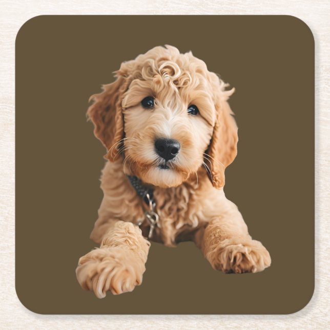 Porta-copo De Papel Quadrado Ouro Doodle Puppy (Frente)