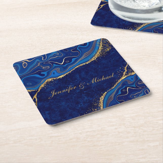 Porta-copo De Papel Quadrado Ouro e Azul Casamento Moderno Elegante Nome Person (Inclinado)