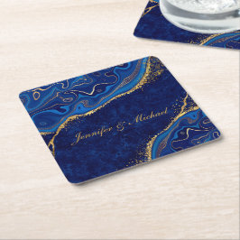 Porta-copo De Papel Quadrado Ouro e Azul Moderno Casamento Elegante Nome Person