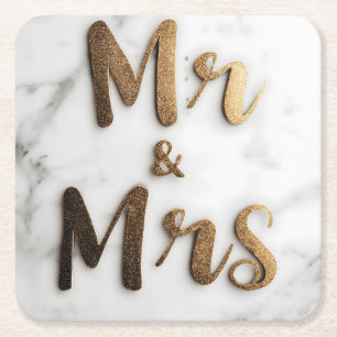 Porta-copo De Papel Quadrado Ouro Elegante "Sr. & Sra." em um Marble Back