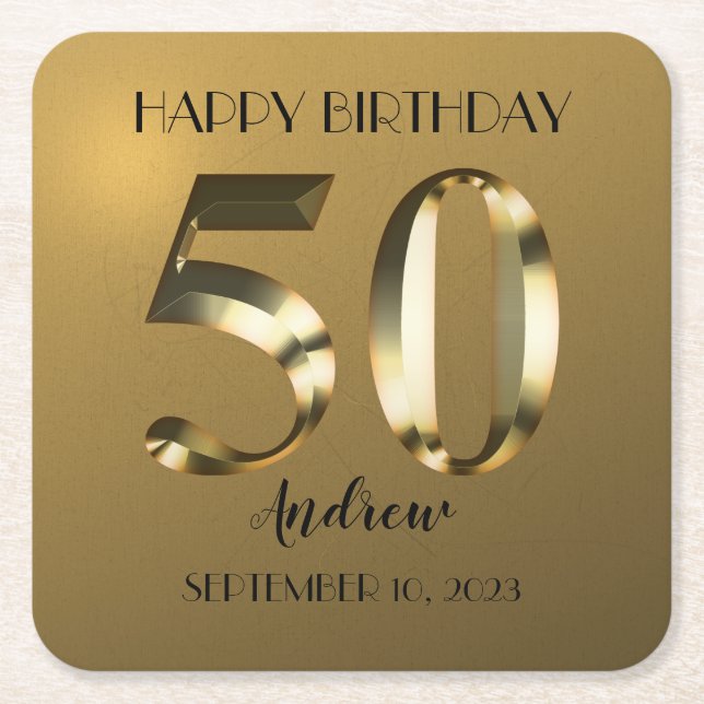 Porta-copo De Papel Quadrado Ouro metálico 50º aniversário (Frente)