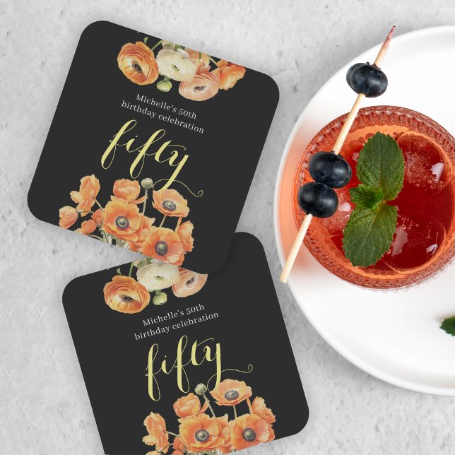 Porta-copo De Papel Quadrado Outono 50º Floral Laranja Festa de aniversário (Criador carregado)