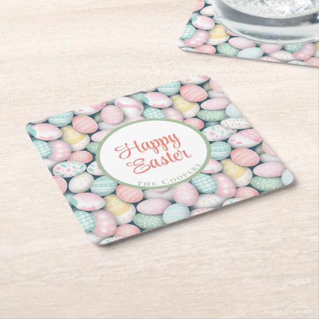 Porta-copo De Papel Quadrado Ovos elegantes e nome da família personalizada (Inclinado)