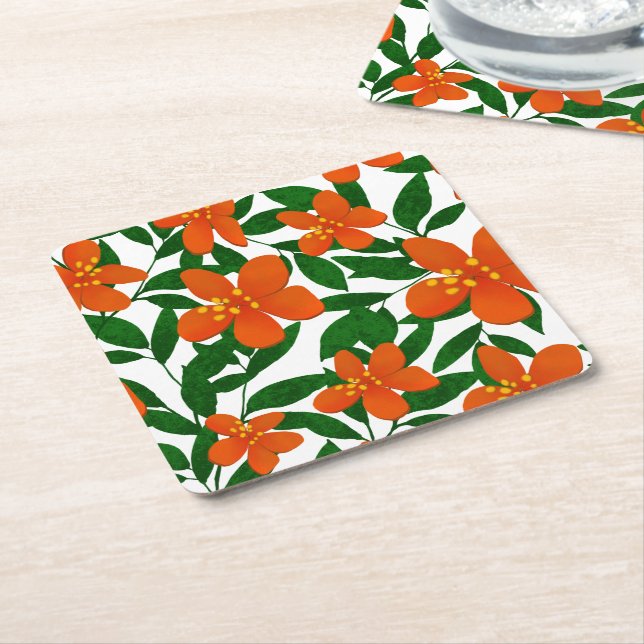 Porta-copo De Papel Quadrado Padrão Botânico Verde Floral Laranja Vermelho (Inclinado)