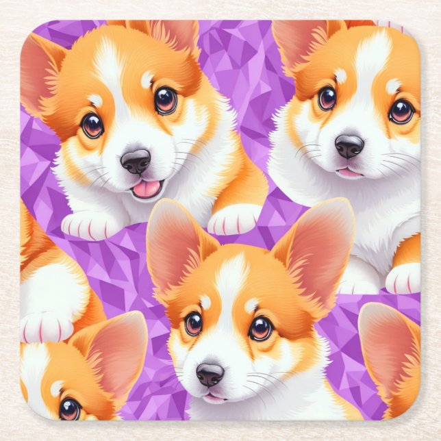 Porta-copo De Papel Quadrado Padrão Corgi (Frente)
