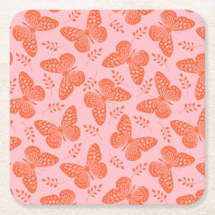 Porta-copo De Papel Quadrado Padrão da borboleta laranja sobre fundo rosa