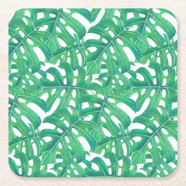 Porta-copo De Papel Quadrado Padrão das folhas tropicais de monstera verde (Frente)
