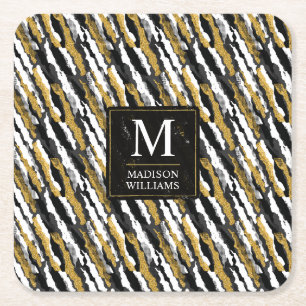Porta-copo De Papel Quadrado Padrão de Animal Zebra Branco com Brilho Dourado e