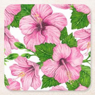 Porta-copo De Papel Quadrado Padrão de aquarela de hibisco rosa