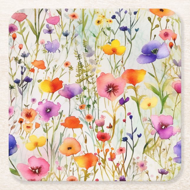 Porta-copo De Papel Quadrado Padrão de aquarela moderno de flores silvestres (Frente)