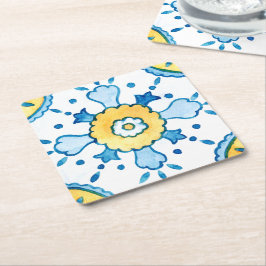 Porta-copo De Papel Quadrado Padrão de Azulejo de Azul e Amarelo marroquino