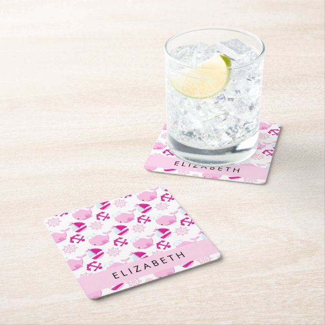 Porta-copo De Papel Quadrado Padrão De Baleias, Baleias Rosa, Seu Nome (Insitu)