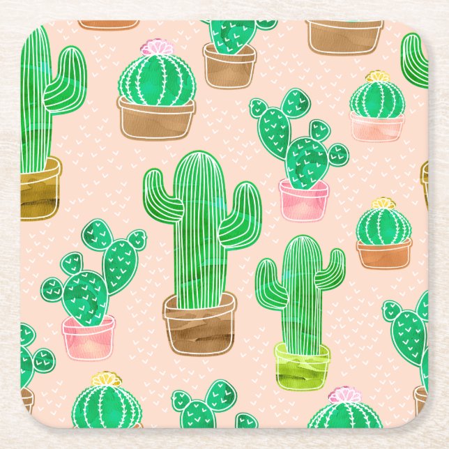 Porta-copo De Papel Quadrado Padrão De Cactus Potente Desenhado À Mão (Frente)