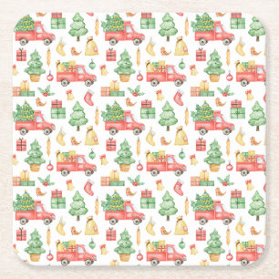 Porta-copo De Papel Quadrado Padrão de Caminhão Vermelho Vintage de Natal