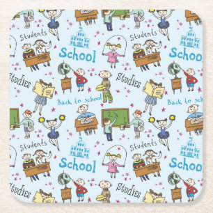 Porta-copo De Papel Quadrado Padrão de Cartoon Estudantes, Escola e Estudos