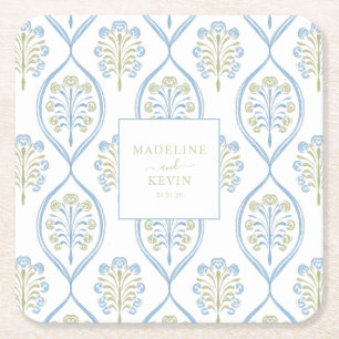 Porta-copo De Papel Quadrado Padrão de casamento floral azul e verde sob medida