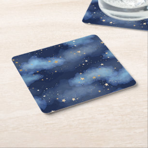 Porta-copo De Papel Quadrado Padrão de Céu Azul Escuro das Estrelas Douradas da