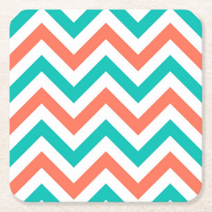 Porta-copo De Papel Quadrado Padrão de Coral, Teal, Grande Chevron Branco ZigZa