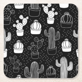 Porta-copo De Papel Quadrado Padrão de Doodle do Cactus Preto e Branco