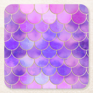 Porta-copo De Papel Quadrado Padrão de Escala de Sereia Ultra Violet e Dourada