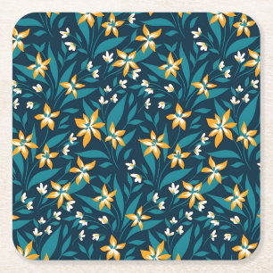 Porta-copo De Papel Quadrado Padrão de Flor Amarela Elegante em Folhas Verdes E