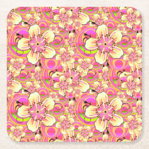 Porta-copo De Papel Quadrado padrão de flor rosa groovy