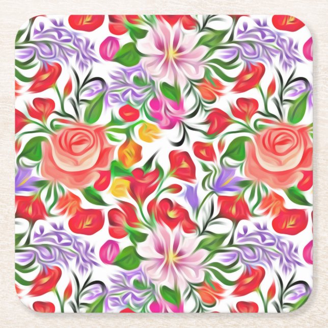 Porta-copo De Papel Quadrado padrão de flores (Frente)