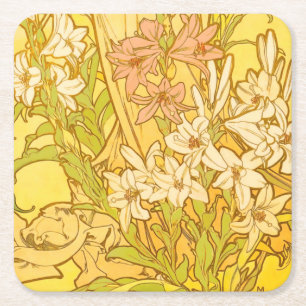 Porta-copo De Papel Quadrado Padrão de Flores de Lírio de Alphonse Mucha: Art N