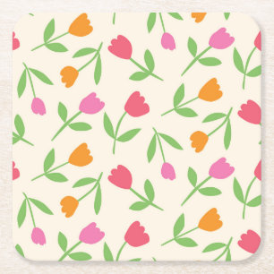 Porta-copo De Papel Quadrado Padrão de flores de tulipa retrô em laranja, rosa 