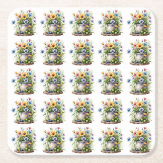 Porta-copo De Papel Quadrado padrão de flores laranja, rosa, amarelo e azul