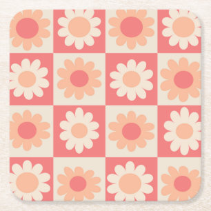 Porta-copo De Papel Quadrado Padrão de Flores Retro Xadrez Ameixa Fofa 