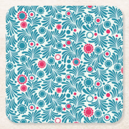 Porta-copo De Papel Quadrado Padrão de Folhagem Azul-turquesa e Magenta Elegant