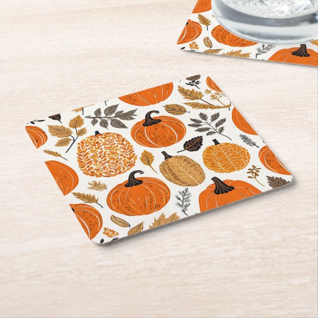 Porta-copo De Papel Quadrado Padrão de Folhagem Rustic Autumn Orange Pumpkins (Inclinado)