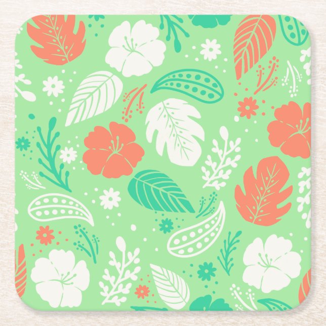 Porta-copo De Papel Quadrado Padrão de Folhagem Tropical Verde e Laranja (Frente)