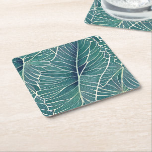 Porta-copo De Papel Quadrado Padrão de Folhas Tropicais Verde Azul de Cor-de-Ág