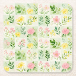Porta-copo De Papel Quadrado Padrão de Grade Floral em Aquarela