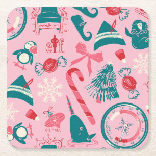 Porta-copo De Papel Quadrado Padrão de Ícone de Quadro de Feriado Elf
