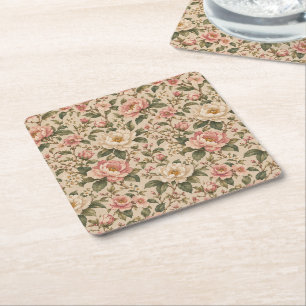 Porta-copo De Papel Quadrado Padrão de Jardim de Peônia e Rosa Romântico Vintag