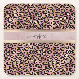 Porta-copo De Papel Quadrado Padrão de leopardo Monograma Rosa Dourado Preto