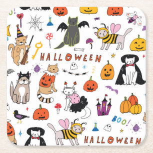 Porta-copo De Papel Quadrado Padrão de Linha de Vintagem de Gatos Halloween