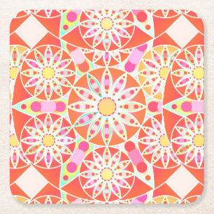 Porta-copo De Papel Quadrado Padrão de mandala, vermelho de coral, rosa, ouro