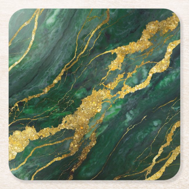 Porta-copo De Papel Quadrado Padrão de Mármore Verde com Ouro (Frente)