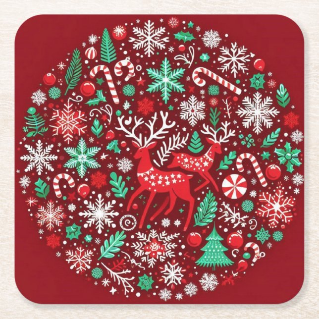 Porta-copo De Papel Quadrado Padrão de Natal (Frente)