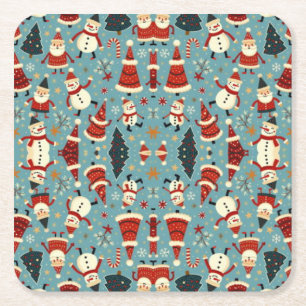 Porta-copo De Papel Quadrado Padrão de Natal com fundo azul