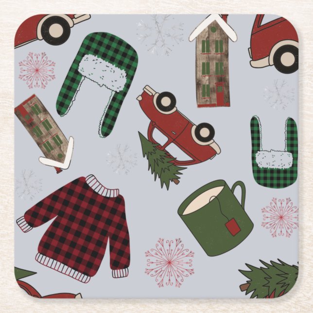 Porta-copo De Papel Quadrado Padrão de Natal Elegante (Frente)