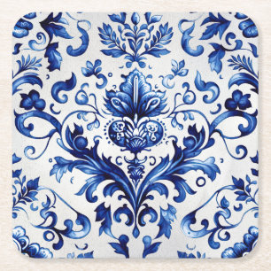 Porta-copo De Papel Quadrado Padrão de ornamento floral do estilo Delft azul e
