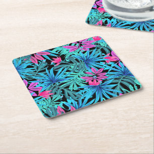 Porta-copo De Papel Quadrado Padrão de Planta Tropical Rosa e Azul Neon