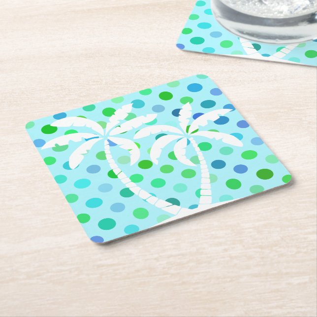 Porta-copo De Papel Quadrado Padrão de Polkadots Verde limão Azul Turquesa Aqua (Inclinado)